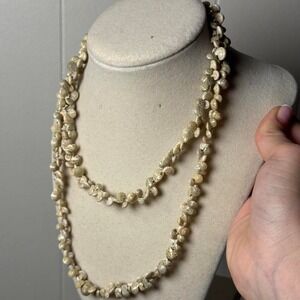 Vintage Natural Tiny Shell Strand Long Necklace Cream Tan Boho Coastal Beachy